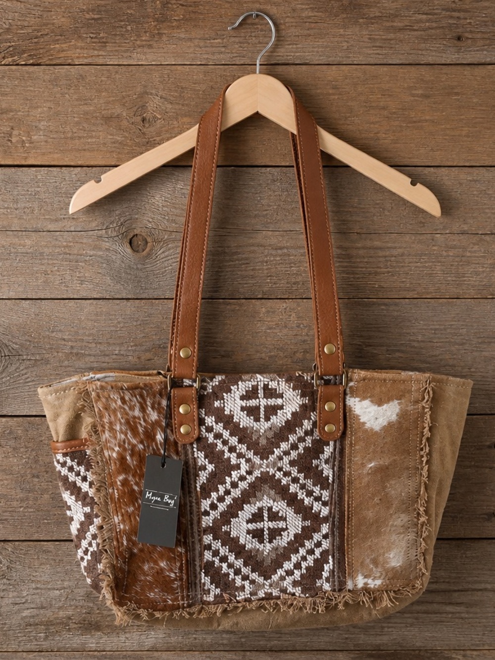 Myra Bag Brown & White Patterned Canvas and Leather Tote